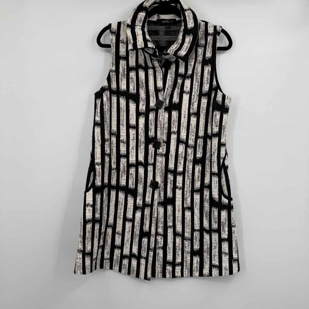 Yushi Womens Black White Abstract Geometric Sleeveless Tunic Button Front Top S
